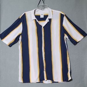 ZARA Men's Navy, Yellow & White Striped Button Up Short Sleeve Shirt - Sz Large